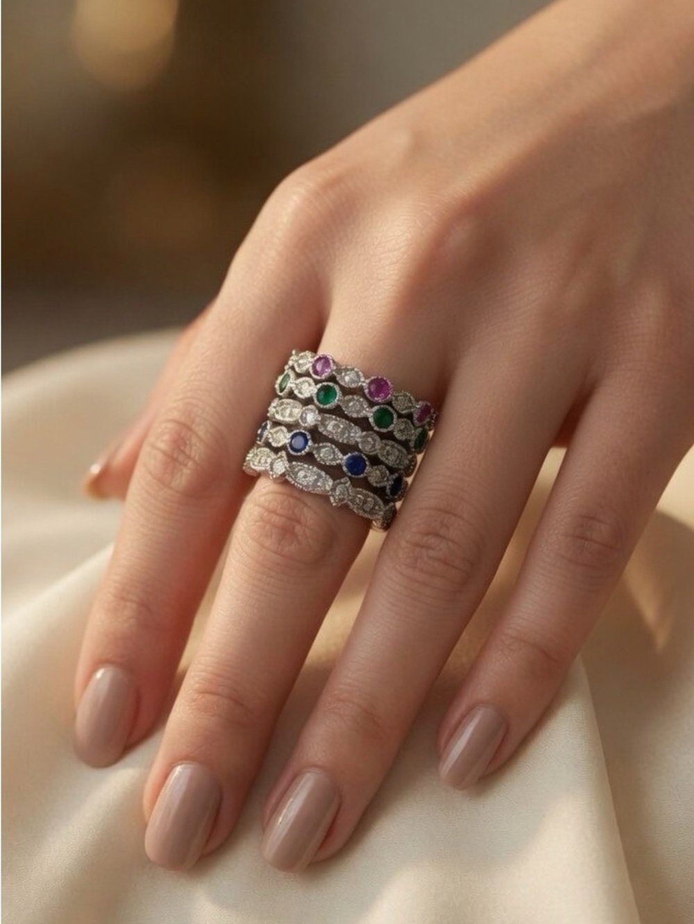925 Sterling Silver Gemstone Stackable Eternity Ring Band Set Vintage Style Sz 7
